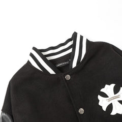 Chrome Hearts Cross Embroidered Leather Sleeve Varsity Jacket - Black Street Style 116