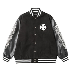 Chrome Hearts Cross Embroidered Leather Sleeve Varsity Jacket - Black Street Style 116